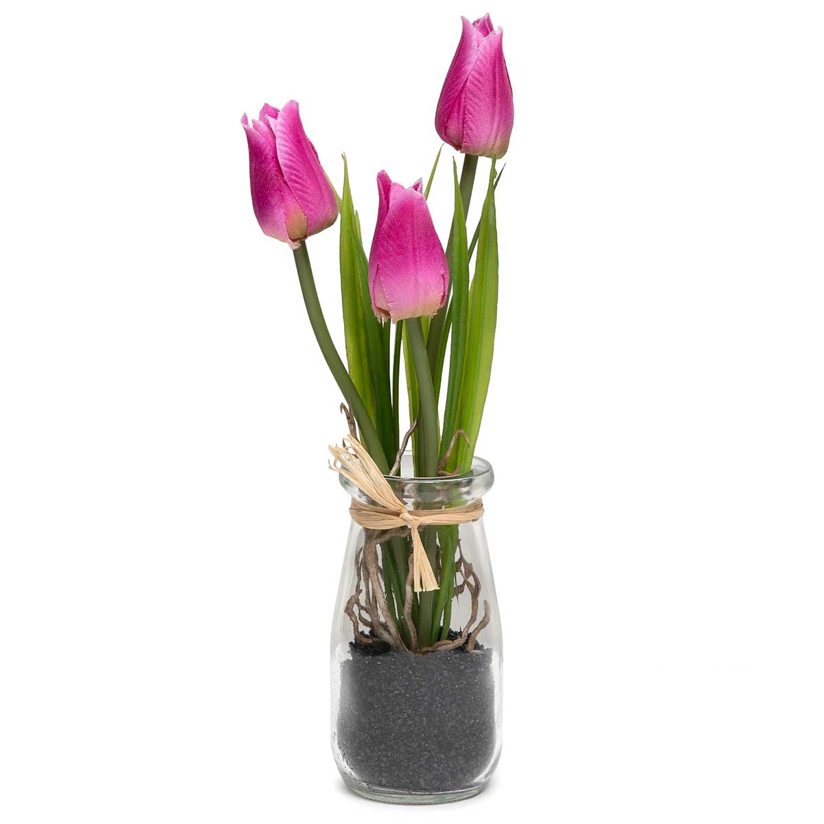 Tulip in Glass Bottle with Raffia 3"x8.5" Raspberry